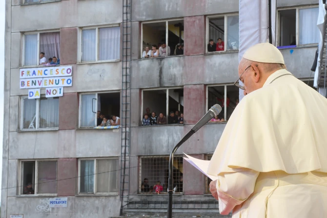 Pope Francis speaks to the Roma community in the Lunik IX district in Košice, Slovakia, on Sept. 14, 2021. Vatican Media